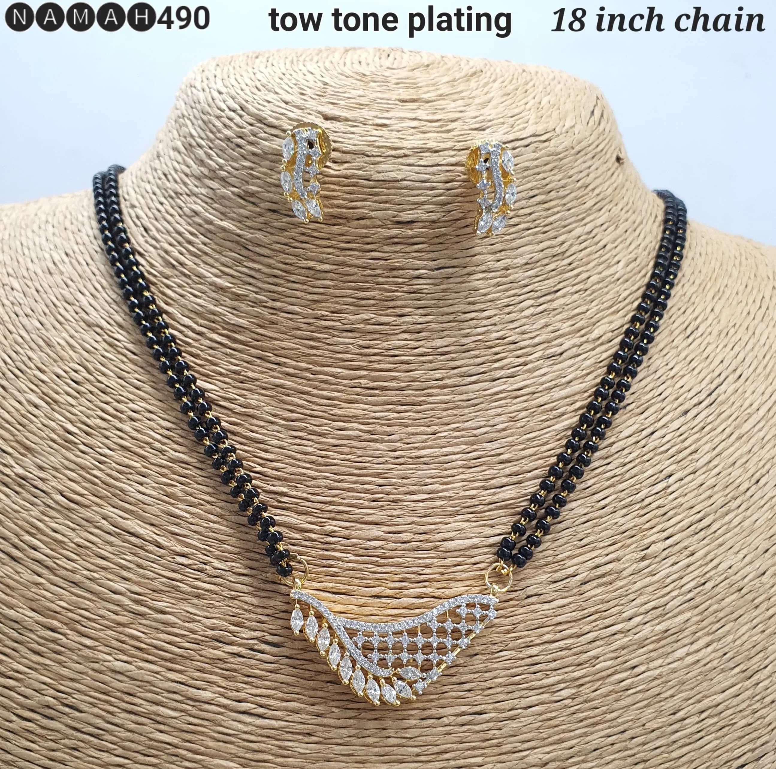 Women's Designer American Diamond Antique Rajwadi Long Mangalsutra with Earrings Set