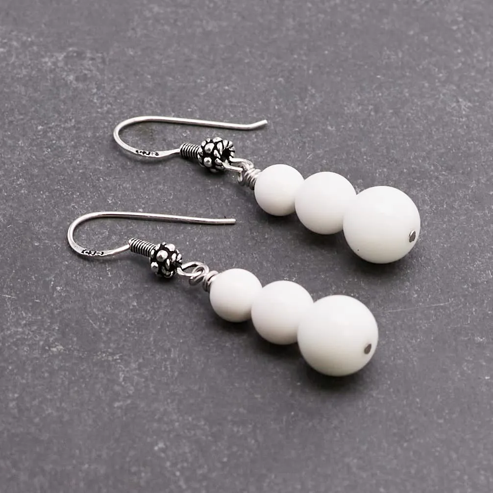 Women's Natural Gemstone Triple Bead and Sterling Silver Dangle Drop Earrings Handmade White Shell
